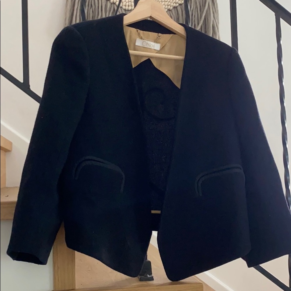 Chloé Black Open Front Wool Blazer Jacket